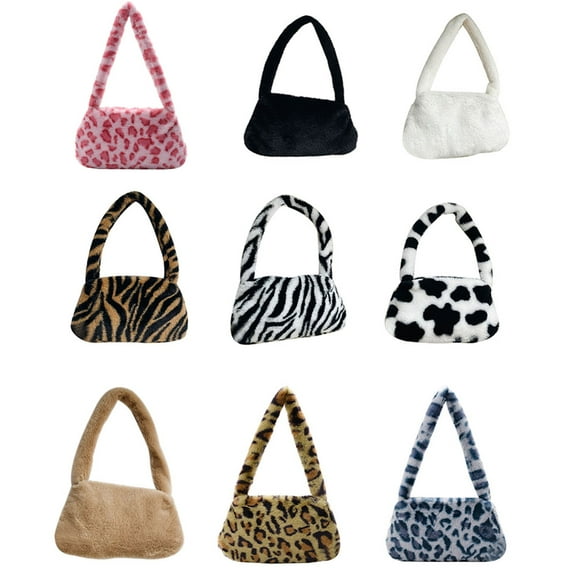Zhaomeidaxi Women Leopard Print Shoulder Bag Fluffy Plush Clutch Faux Fur Handbag Tote Bag