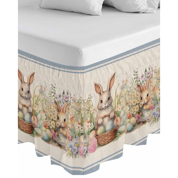 Easter Bunny Blue,Wrap Around Bed Skirts for King Bed 18" Drop,Bed Skirt with Adjustable Elastic Belt Dust Ruffle Bed Valance for Bedroom Hotel Rustic Daisy Flower Easter Basket Egg Bed Frame Cover