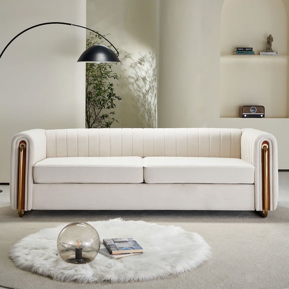 EVERGRATE FURNITURE Modern Velvet Tufted Sofa with Metal Legs, Beige