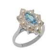 thumbnail image 1 of LBG British Made 10k White Gold ring with Natural Blue Topaz & Cultured Pearl Womens Statement Ring - 33 size options - Size 11, 1 of 6