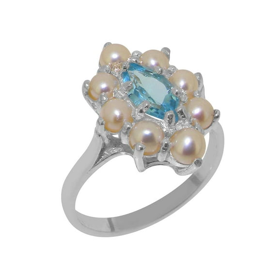 LBG British Made 10k White Gold Natural Blue Topaz & Cultured Pearl Womens Statement Ring - 33 size options - Size 10