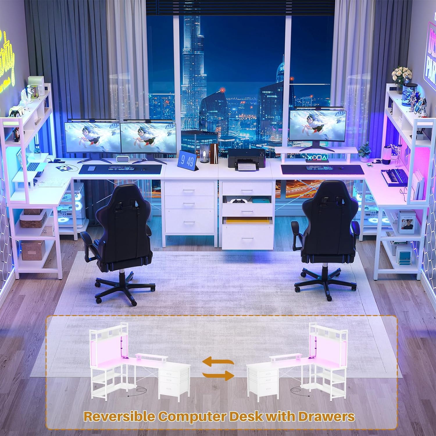 iSunirm L Shaped Gaming Desk with Storage, Computer Gaming Desk with LED Lights & Hutch, Reversible Computer Desk with Power Outlet, Corner Desk with Drawers, Shelves for Home, White