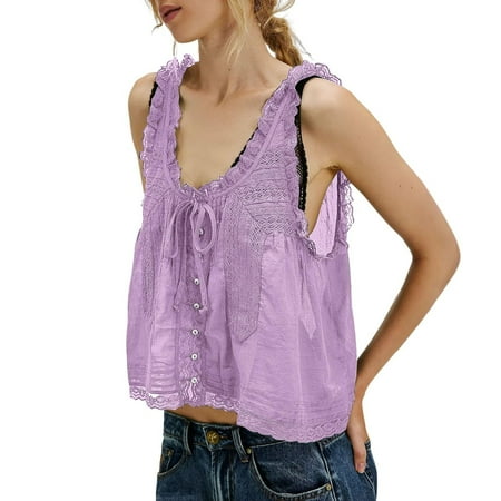Babydoll Tops For Women  Plus Size Coastal Granddaughter Style Tie-Front Y2K Inspired Sleeveless Blouse Adjustable Lace-Up Boho Camisole Women Machine-Washable Western Purple