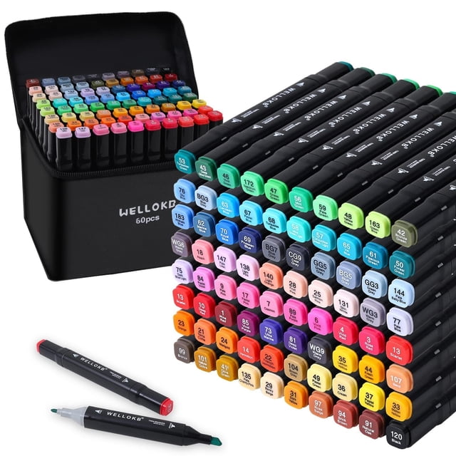 Juego de rotuladores con alcohol WELLOKB, 60 colores, doble punta, para arte