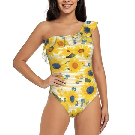 Gukieu Blue Floral Sunflower Print One-shoulder Ruffled One-piece Swimsuit with Removable Chest Pads and Tummy-control Swimsuit for Women-Large