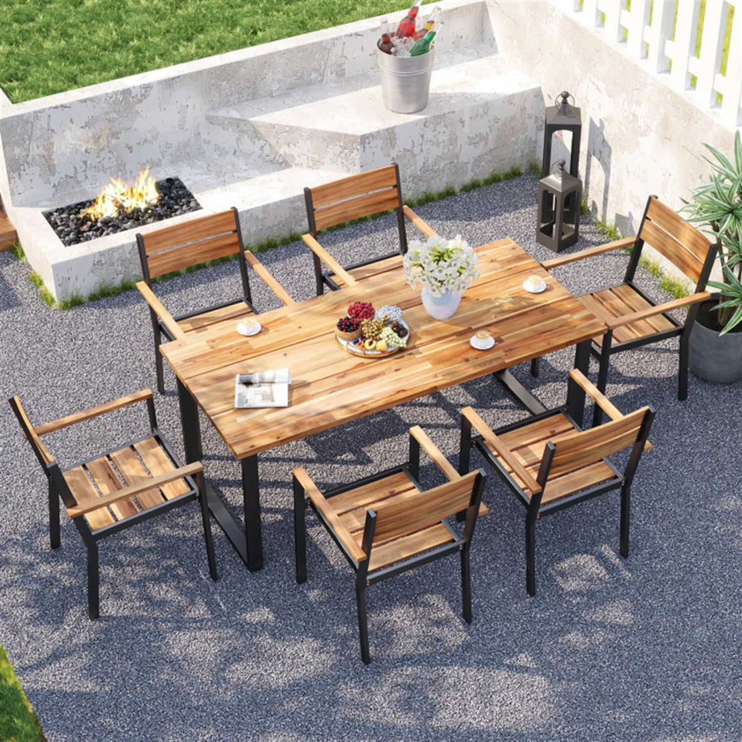 Demi Bonn 7 Pieces Acacia Wood Furniture Patio Outdoor Dining Set with Metal Frame and 2ches Umbrella Hole for Balcony Patio Garden Poolside, Brown