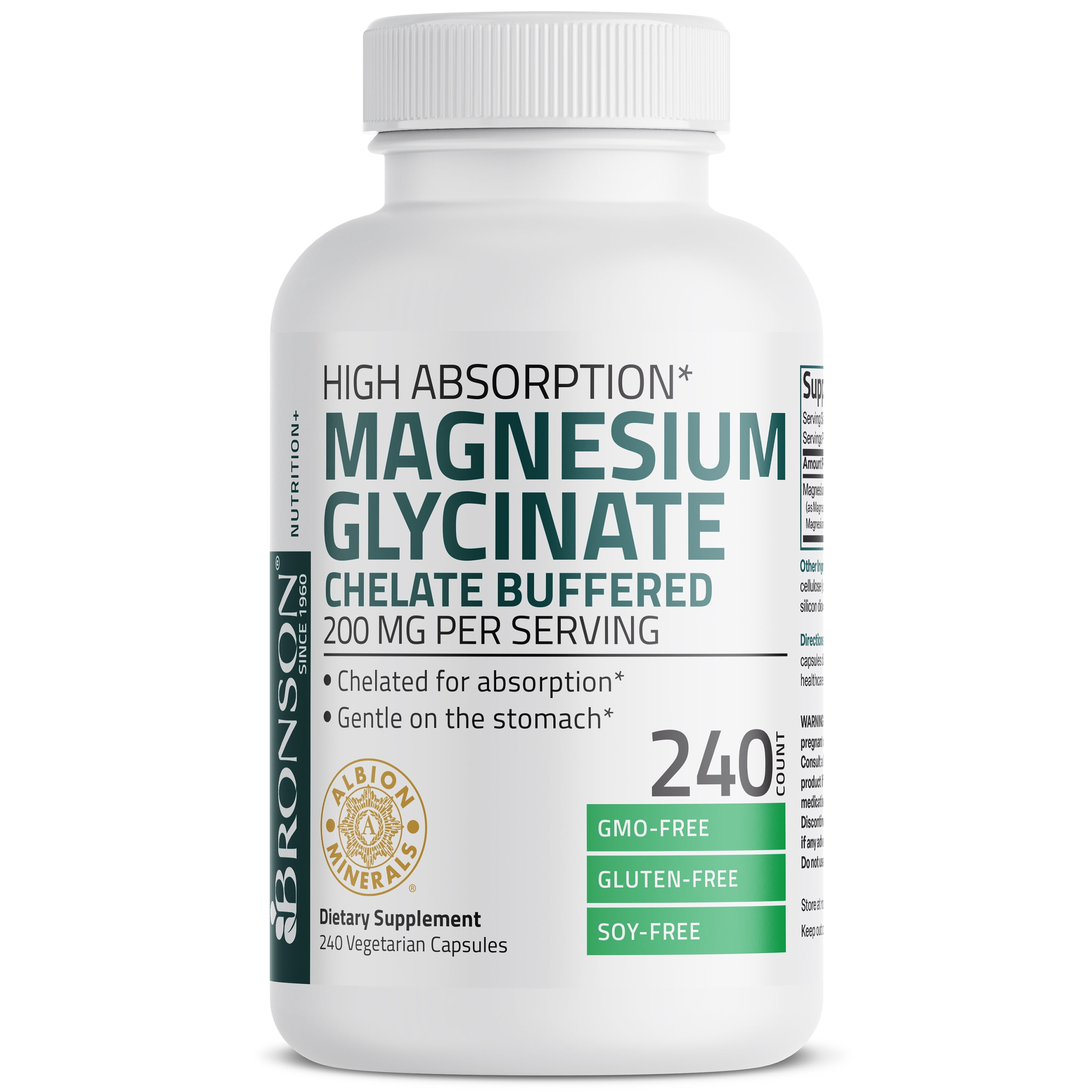 Bronson Magnesium Glycinate 200 MG per Serving Chelated for High Absorption, Gentle On Stomach, Non-GMO, 240 Vegetarian Capsules