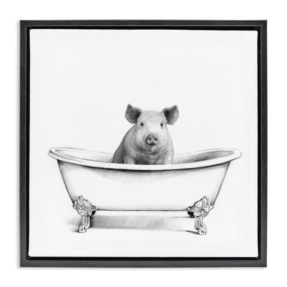 Stupell Industries Rustic Lodge Hog in Bathtub Sketch Black Floating Frame Canvas Art, 18 x 18, by Victoria Borges