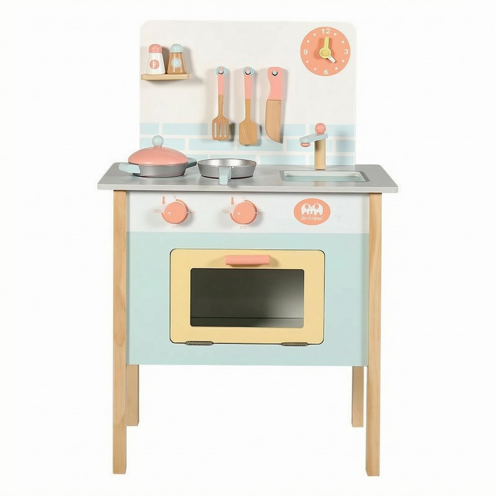 predolo Wooden Play Kitchen Freestanding Toy Kitchen Set Utensil Accessories Young Cook Playset, Blue