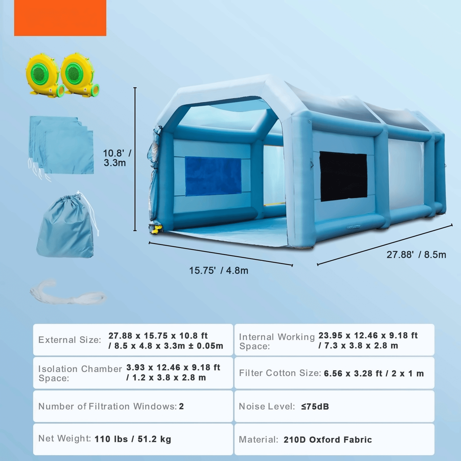 Inflatable Paint Booth 28x16x11ft, Car Paint Tent with Blowers