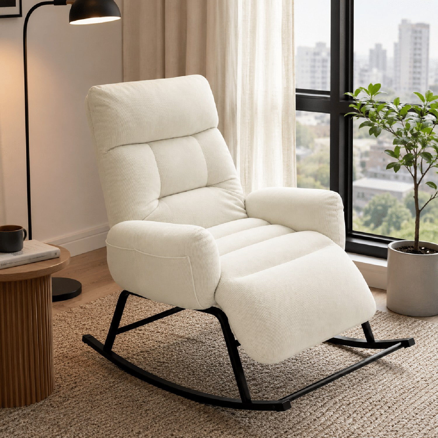 Upholstered Rocking Chair with Retractable Footrest, Plush Lounge Chair with Side Pocket, Tufted Cushion Seat for Living Room, Bedroom, Study and Patio
