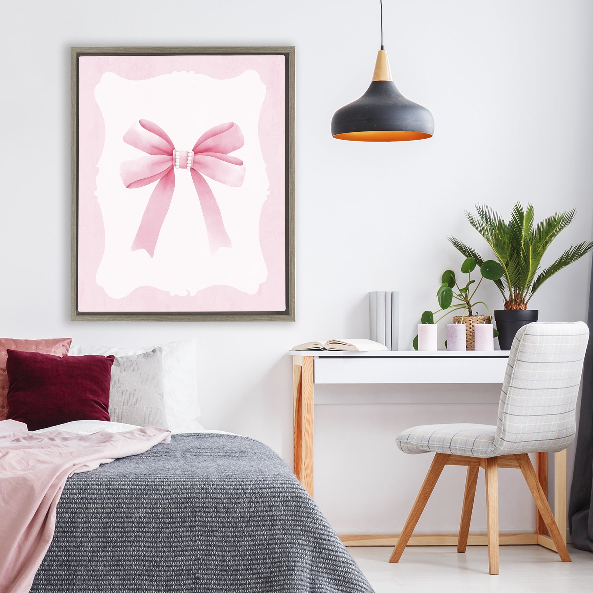 Stupell Industries Feminine Bow with Pearls Brown Framed Floater Canvas Wall Art, design by Kim Allen