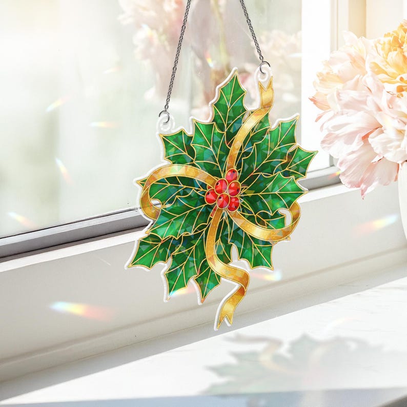ViciArt Holographic Holly Leaves Acrylic Suncatcher – Christmas Window Hanging, Holiday Decor Ornament