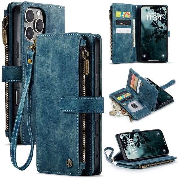 for iPhone 16 Pro Max Wallet Case with Card Slots, Zipper Pocket and Magnetic Flip Folio, RFID Blocking Card Holder Stand Leather Detachable Wristlet Strap 3-in-1 Case for Women and Men,Blue