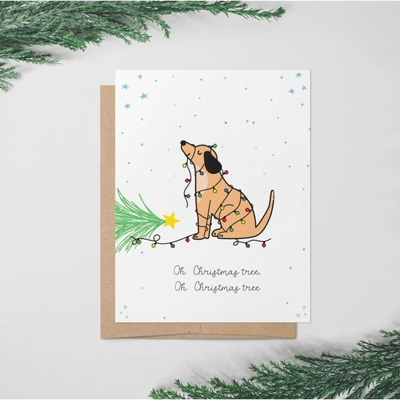 Funny Christmas Card Featuring Dog with Christmas Lights – "Oh Christmas Tree" Design – Greeting Card with Envelope – Perfect Holiday Greeting for Dog Lovers