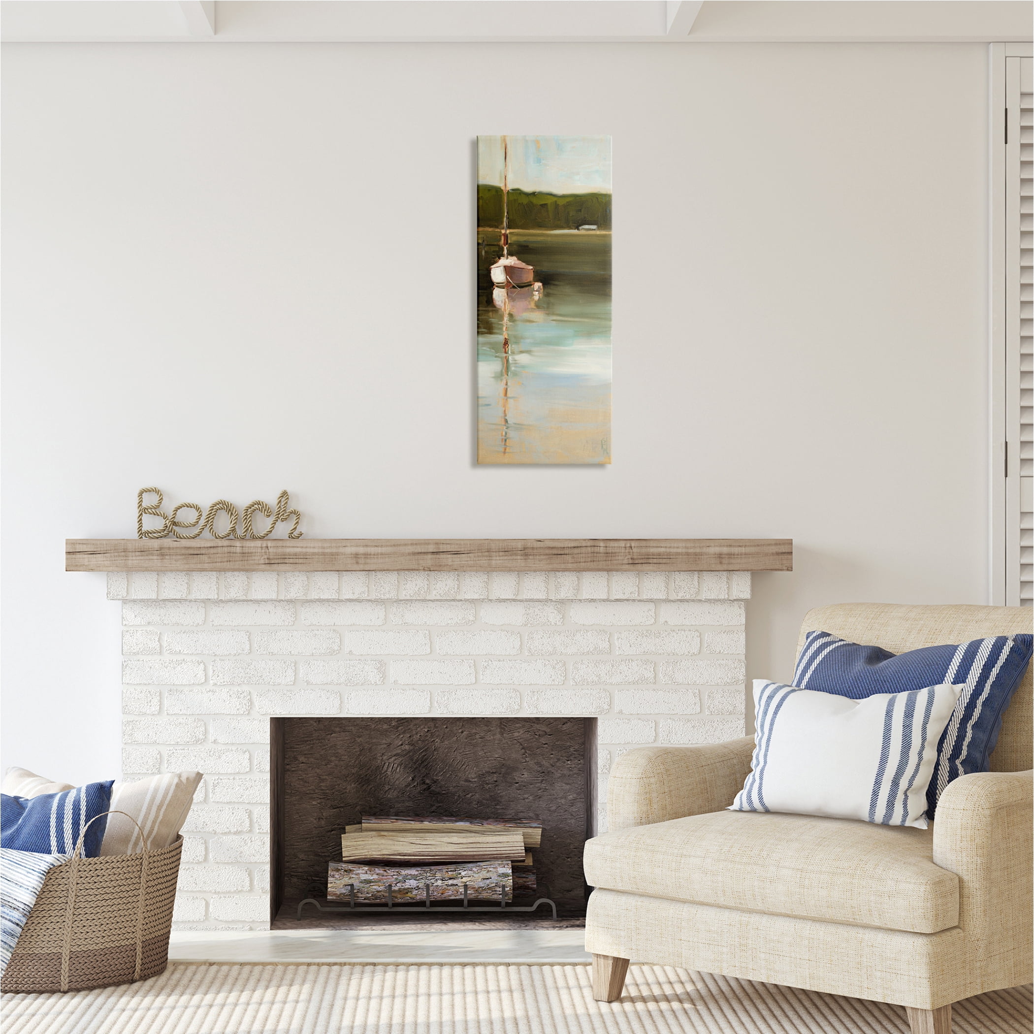 Stupell Industries Boat Reflection Painting Transportation Painting Gallery Wrapped Canvas Print Wall Art, 13 x 30