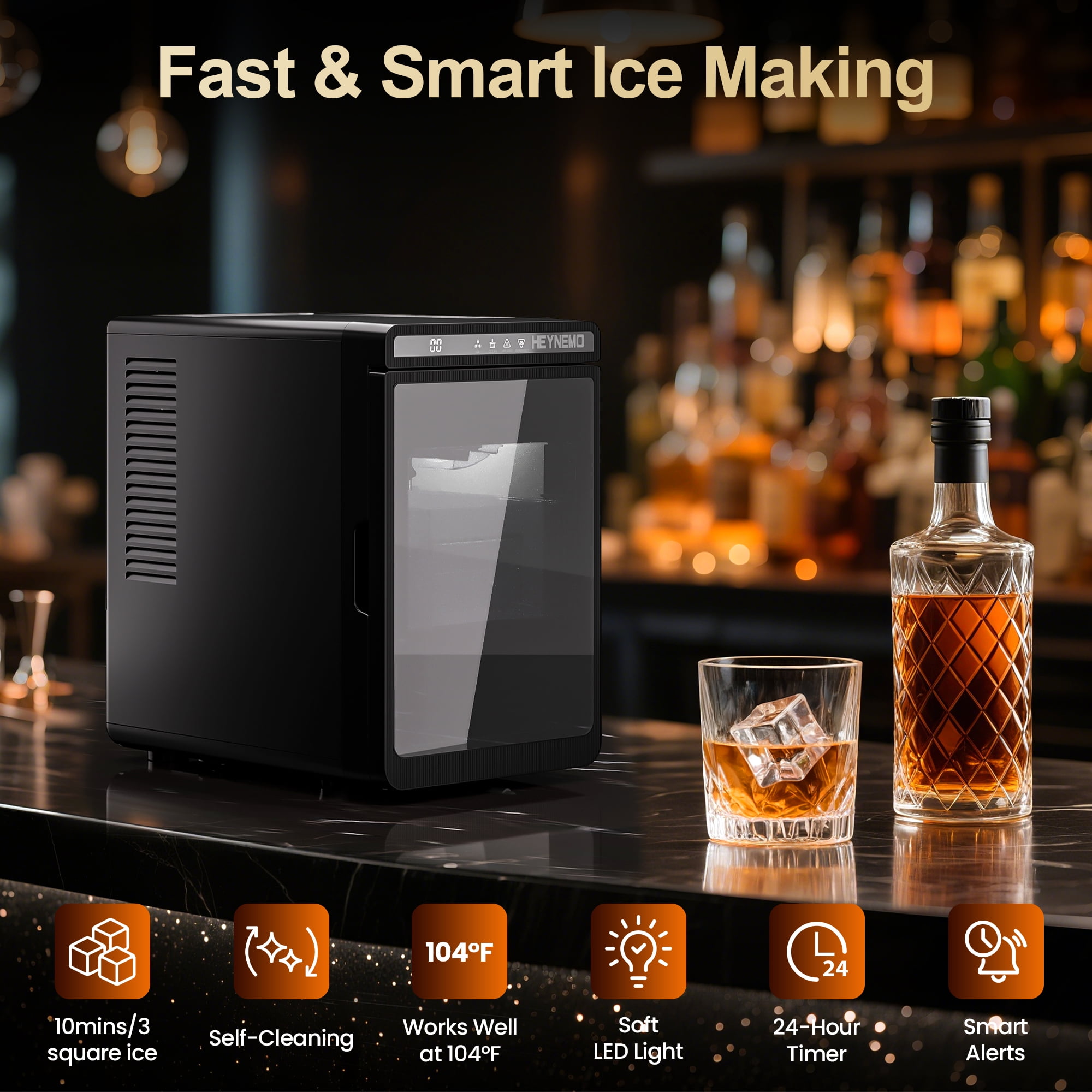 Sunvivi Clear Ice Maker for Home – Compact Countertop Ice Machine with 1.6" Square Ice Cubes, Self-Cleaning, LED Light & Timer, Portable Electric Ice Maker for Kitchen, Bar, RV, Black