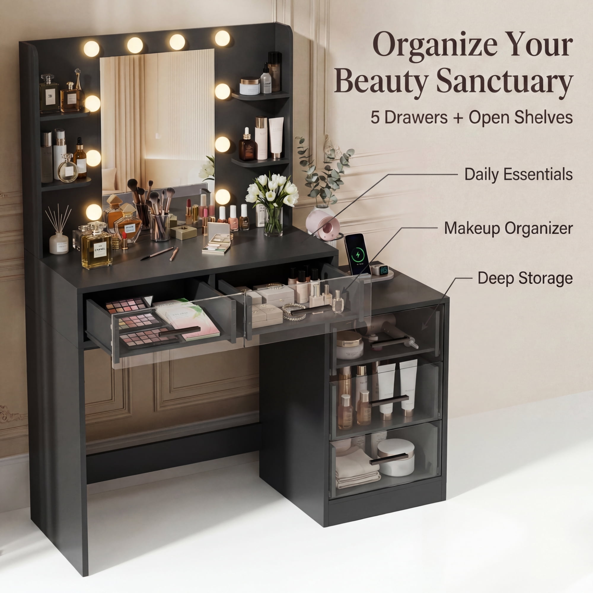 Homall Makeup Vanity Desk with LED Lights, Mirror & Power Outlet, Dressing Table with 4 Shelves and 5 Drawers, Vanity Set & Nightstand for Bedroom, Black