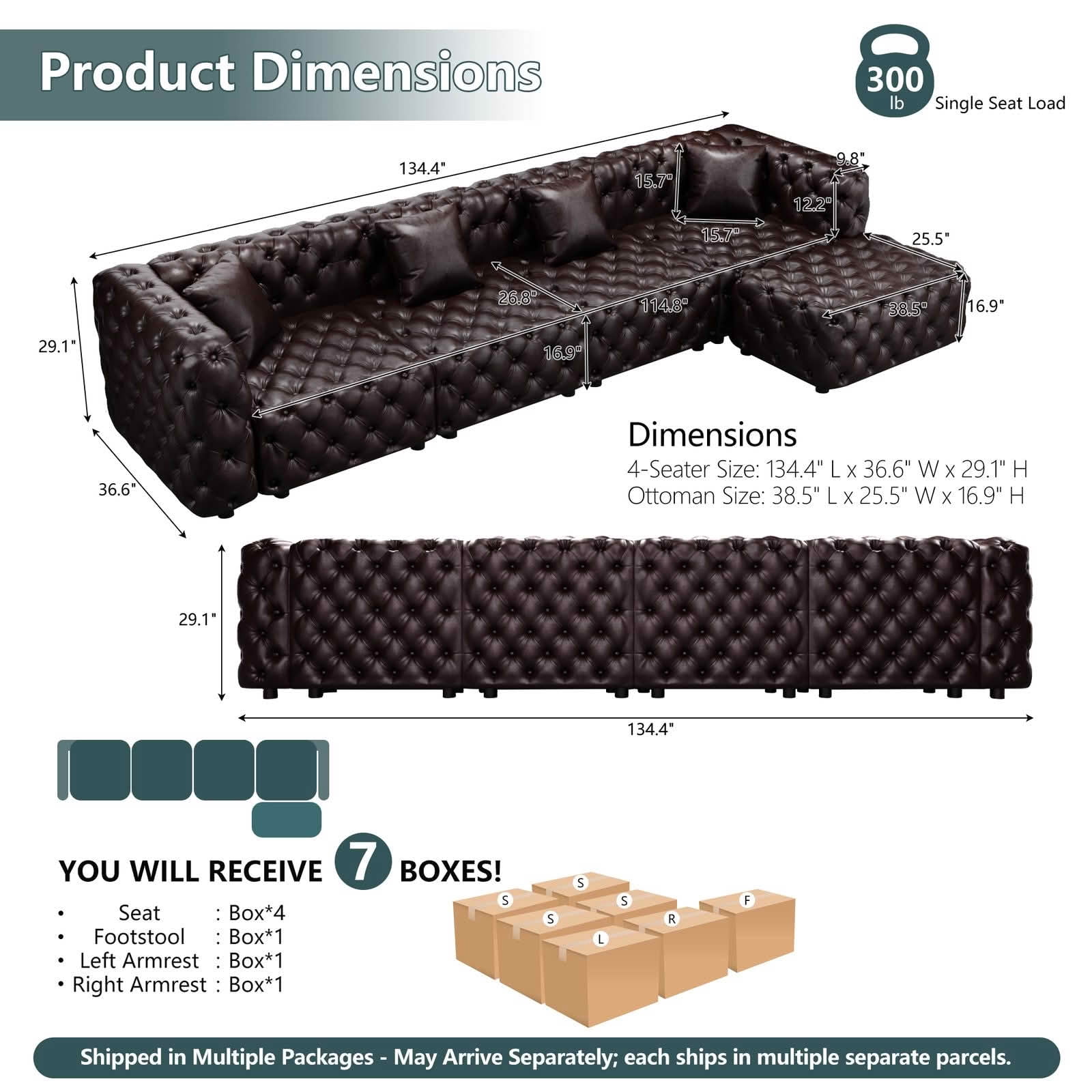 MAYEERTY 134.4" 4‑Seat Faux‑Leather Modular Sofa Set, Handcrafted Button Tufted Couch with Ottoman & 4 Pillows for Living Room & Small Apartment