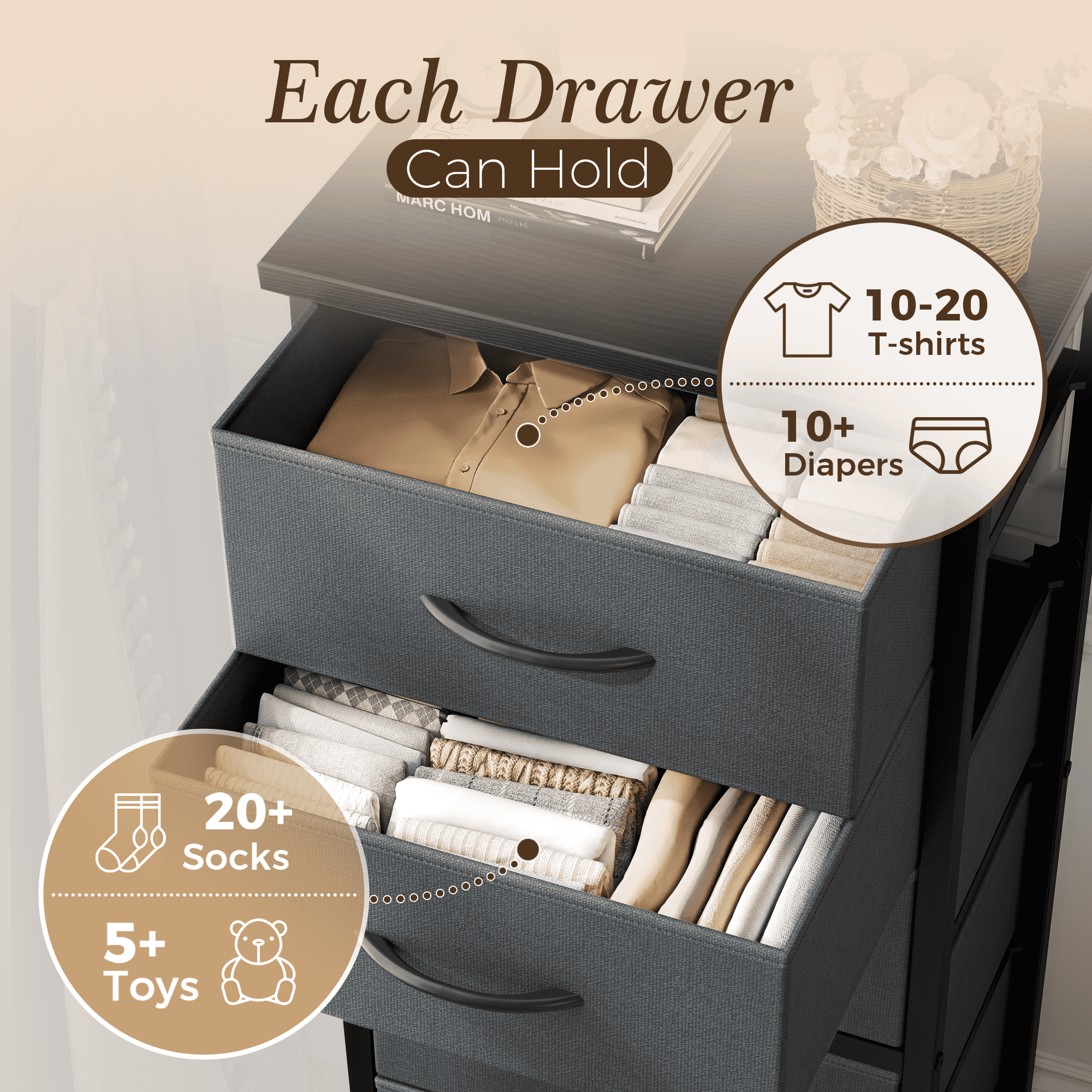 CONCETTA Tall Storage Dresser with 6 Fabric Drawers, Metal Frame with Cross Support Rods, Anti-Tip, Wood Top for Bedrooms, Offices and Compact Spaces, Gray