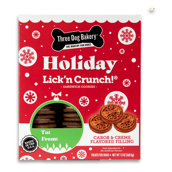 Three Dog Bakery Holiday Lick'n Crunch, Carob Cookie w/ Red Crème, Vanilla Flavored Filling, Premium Treats for Dogs, 13 Ounces Each