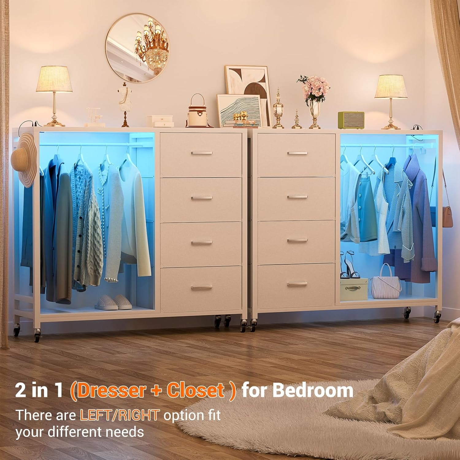 Homieasy Dresser with Hanging Rack & 4 Drawers, Dresser with Clothes Rack for Bedroom with LED Lights, Charging Staion, Storage Chest with Wheels, White