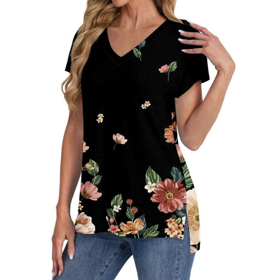 Luowei Women's Loose Fit V-Neck Short Sleeve Blouse - Summer Casual Top for Everyday Wear, Black, XL