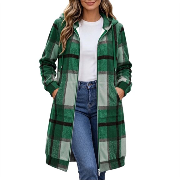 APEXFWDT Plaid Hooded Long Jacket Women Full Zip Long Sleeve Casual Coat, Fall Winter Loose Outerwear with Side Pockets