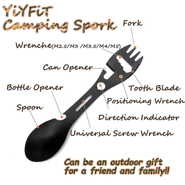 Camping Spork Cubiertos de acero inoxidable Cubiertos de camping Senderismo Gadget, Tenedor Cuchara Cuchillo Botella y abrelatas Llaves dentadas Indicador de dirección