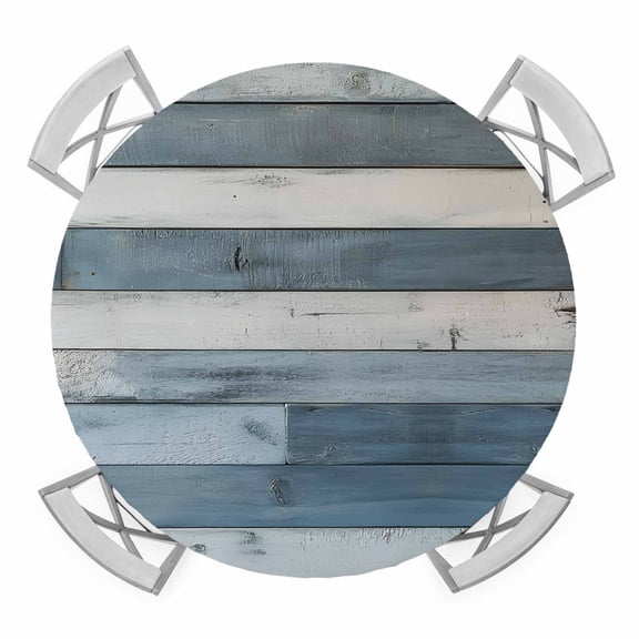 Vintage Blue Farmhouse Round Tablecloth for 36-44 Inch Tables, Fitted Table Cover with Elastic Edge, Retro Wooden Country Waterproof Outdoor Table Cloth Protector for Patio Garden Dinner Picnic