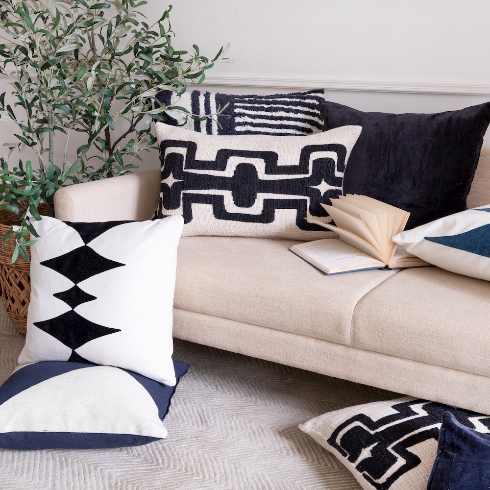 LR Home Stacy Garcia Cotton Blend Poly Filled Pillow in Black/White, 20" x 20"