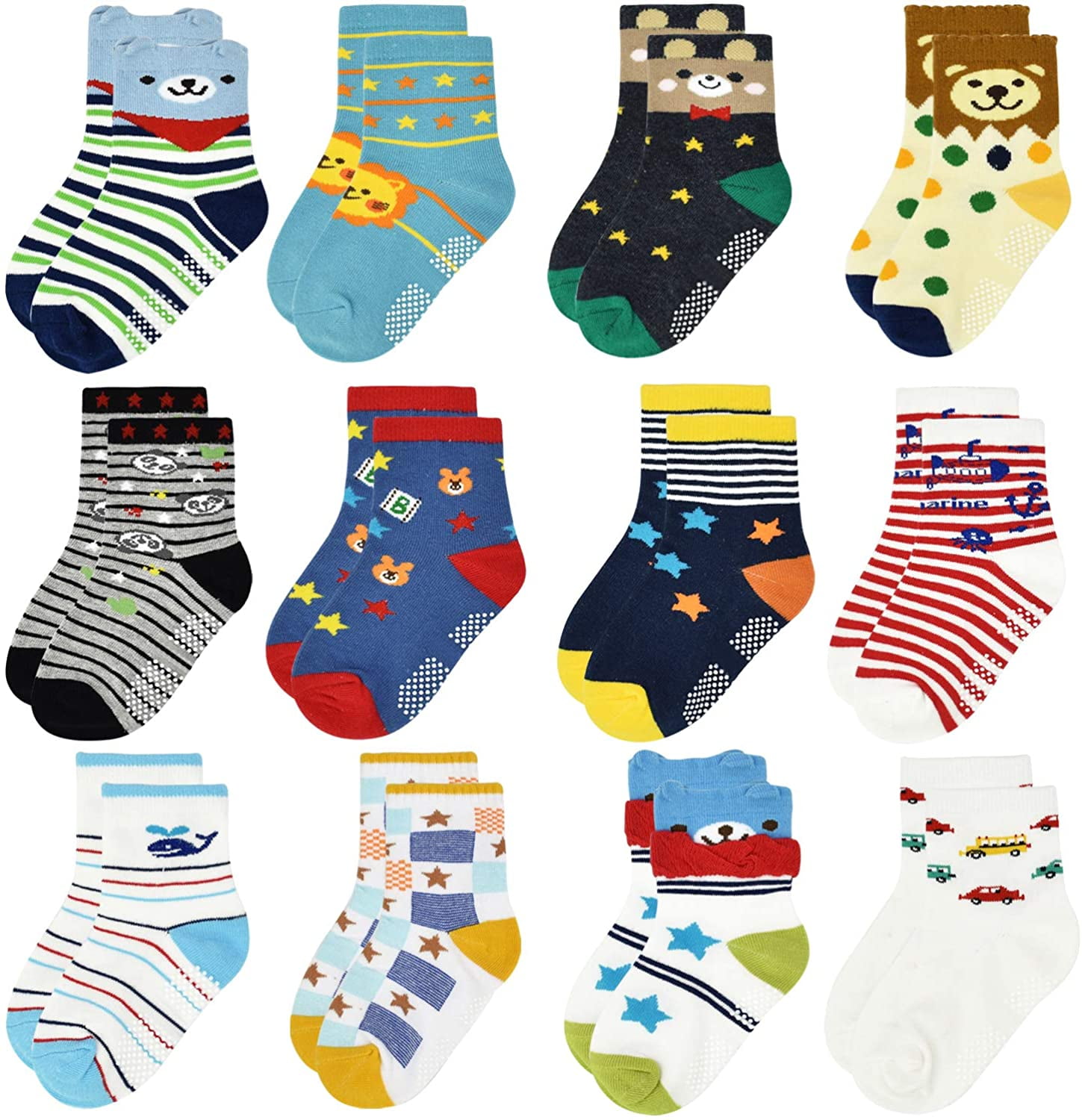 Baby Boys Anti-skid Socks 12 Pairs Toddler Boy Non Skid Socks Cute Cotton with Grips