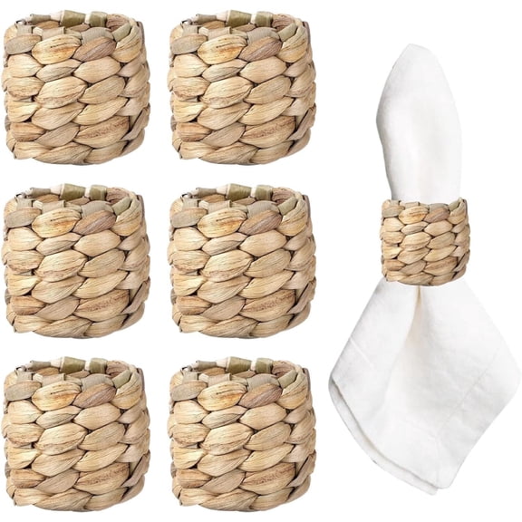 JIAYUEZHAO Round Woven Water Hyacinth Rustic Napkin Rings,  Napkin Holder Buckles for Holiday Party, Easter, Birthday, Thanksgiving, 6 Pack