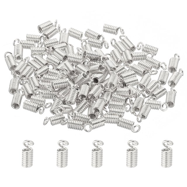 Unique Bargains Cord End Caps, 100Pcs 3x7mm Metal Spring Coil End Tips Crimp Terminators Caps Silver White