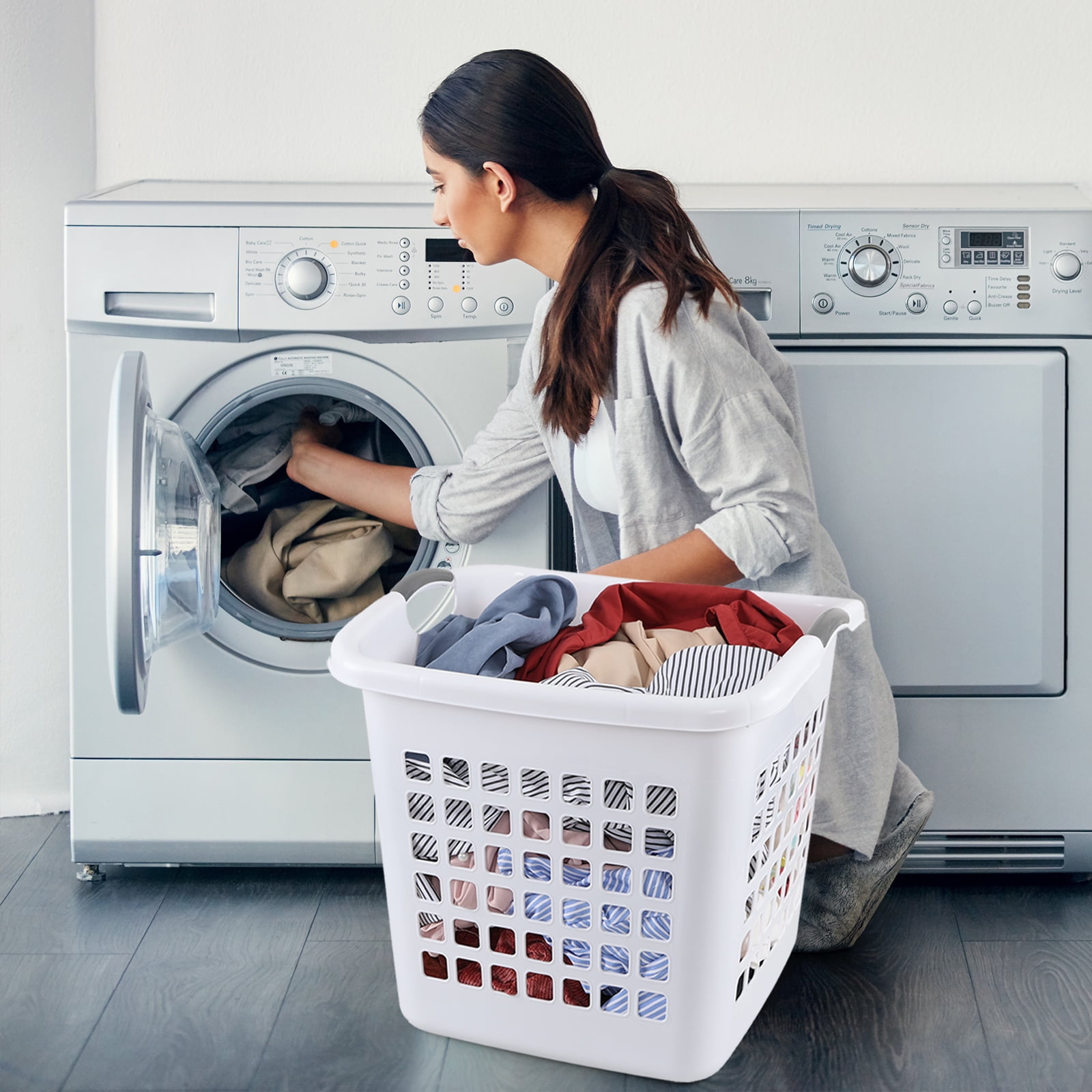 EudokkyNA 4 Packs Large White Laundry Basket, Plastic Clothes Hamper with Handles