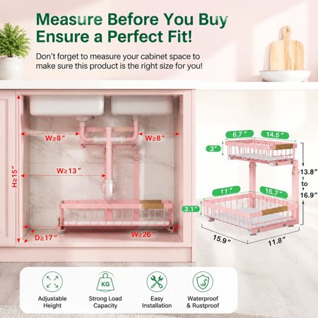 Under Sink Organizer 2 Tier Slide-Out Pull-Out Cabinet Storage Shelf Metal Sliding Drawer for Kitchen Bathroom Pantry Closet Pink 2 Pack