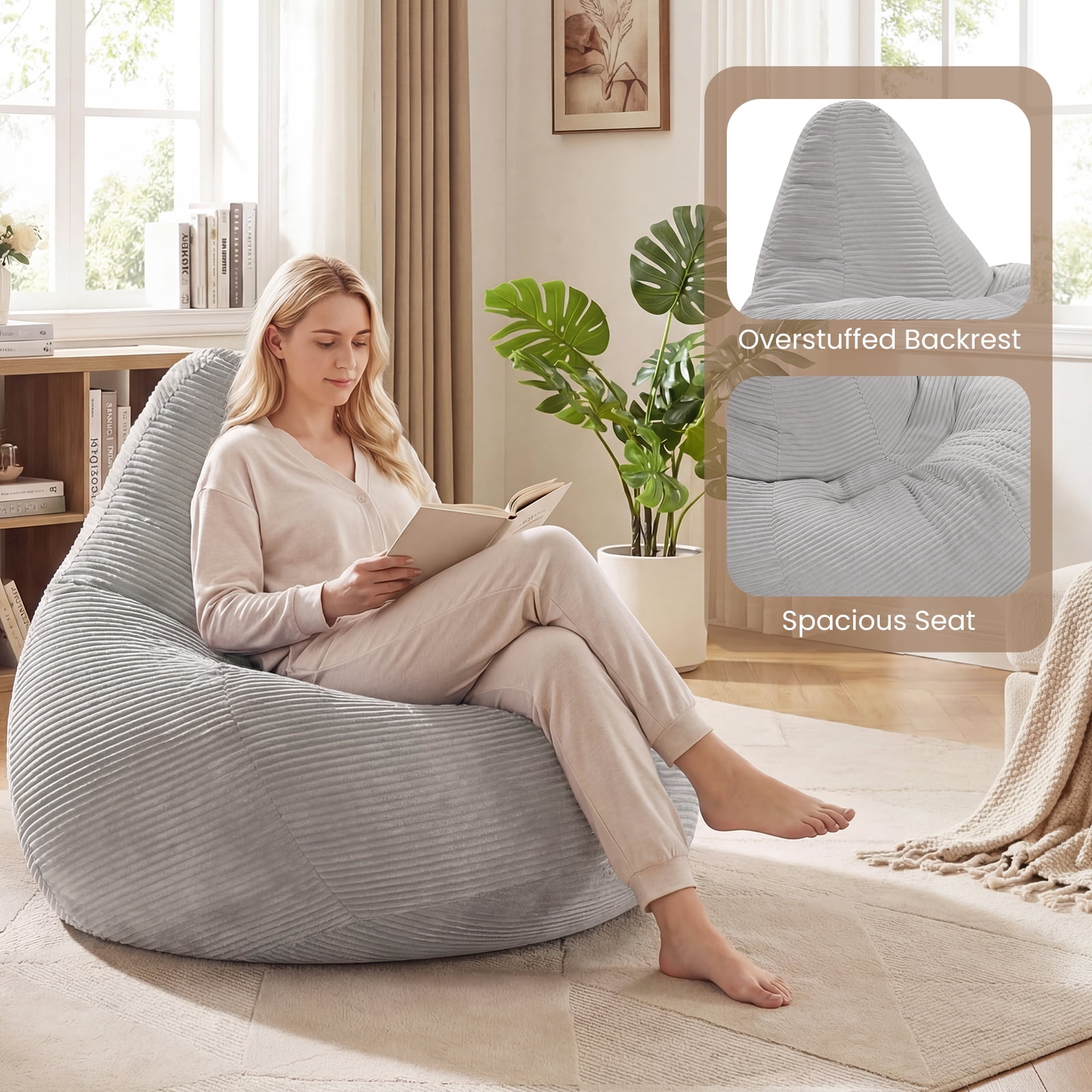 Costway Bean Bag Chair for Adults with Skin-friendly Corduroy Cover & Soft Sponge Filling Light Gray
