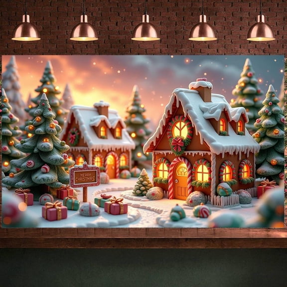 Gingerbread House Theme Christmas Banner Festive Holiday Banner Snowy Scene Colorful Decoration Merry Christmas Banner for Christmas Party Home Decoration Holiday Celebration