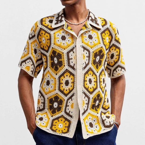 Ceisia Men's Summer Hexagonal Floral Patchwork Open Knit Short Sleeve Button Down Cardigan Multicolor XL Gifts