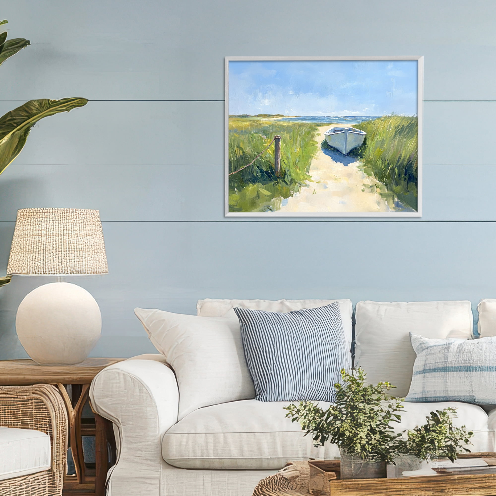 Stupell Industries Moored Boat on Path White Framed Giclee Art, design by Sisi and Seb