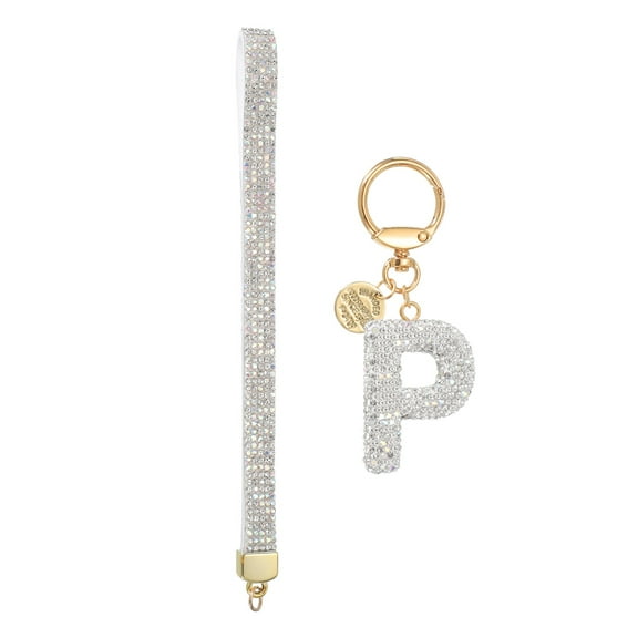 Initial Letter Keychain for Women, Rhinestone Alphabet P Key Chain Sparkly Keychain Charm with Heart for Backpack Handbag Car Key Accessories Lanyard, White