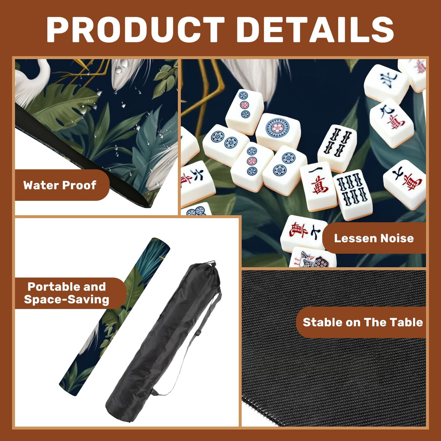 Mahjong Mat 31.5" x 31.5" Seamless chinoiserie style herons birds peonies Non-Slip Noise Reduction American Mahjong Tiles Table Cover for Dominoes Poker Card Board Games Gift