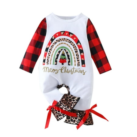 

Rovga Kids Girls Baby Toddler Bodysuits Christmas Long Sleeve Letter Romper Leopard Prints Ruffles Bell Bottoms Flare Jumpsuit
