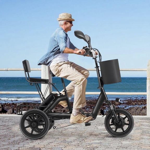 DRNANLIT Electric Tricycle for Adults, 350W Brushless Motor 48V 10.4Ah Folding 3 Wheel E-Bike with 2 Seats, Front & Rear Baskets, Dual Disc Brakes, 35 Miles Range