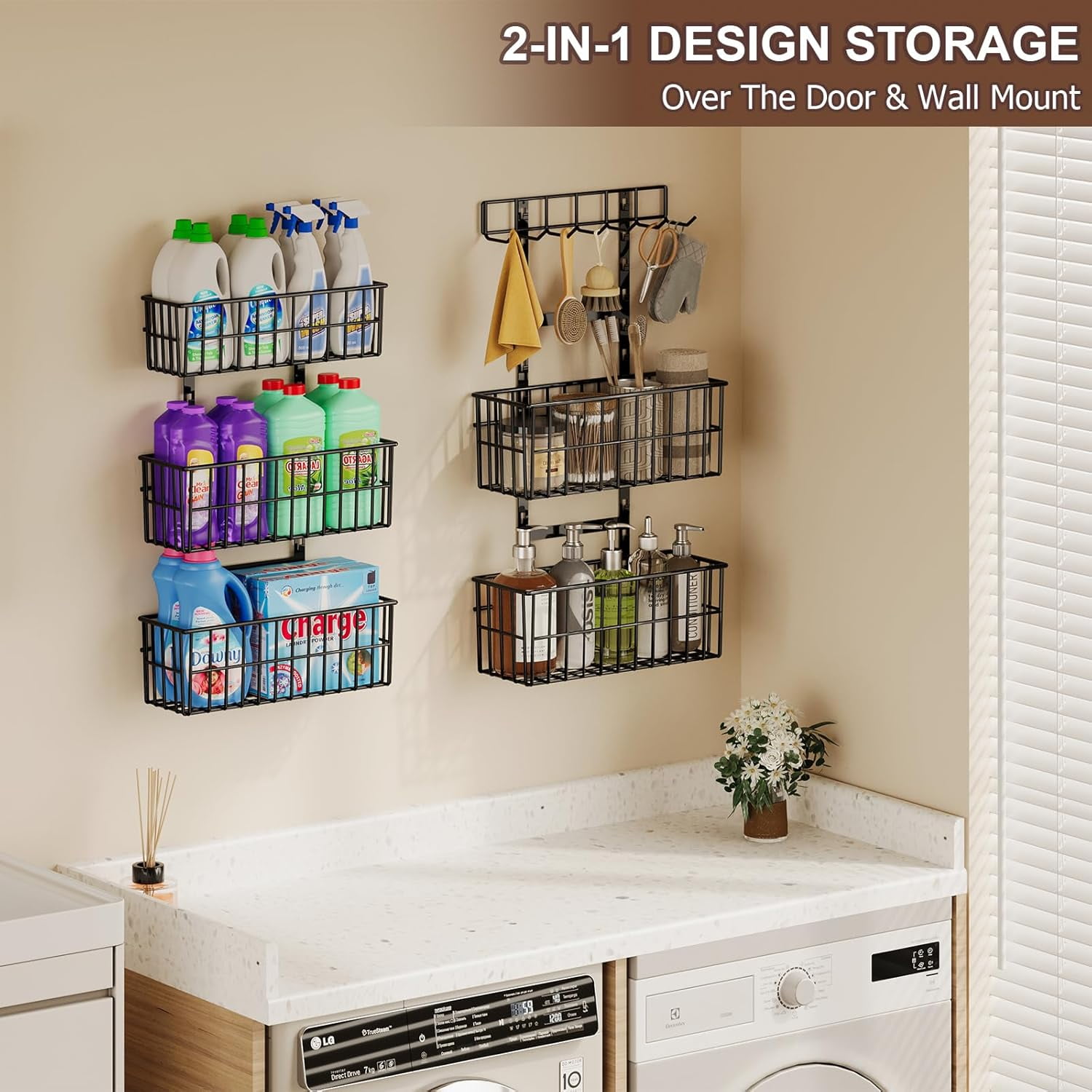 Adjustable Over The Door Organizer, Metal Hanging Door Organizer with 5 Wire Basket 7 Hooks, Wall Mounted Shelf for Pantry Laundry Organization and Storage