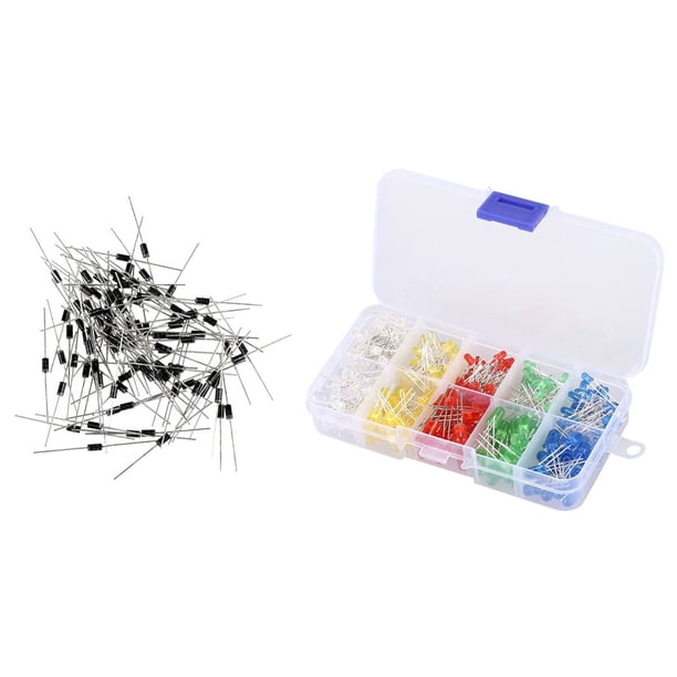 300 piezas de diodo: 200 piezas de diodo de luz LED de 3 mm y 5 mm, kit surtido para blanco, amarillo, rojo, azul y verde y 100 piezas de diodo rectificador 1N4007 IN4007 DO-41 1 A 1000 V