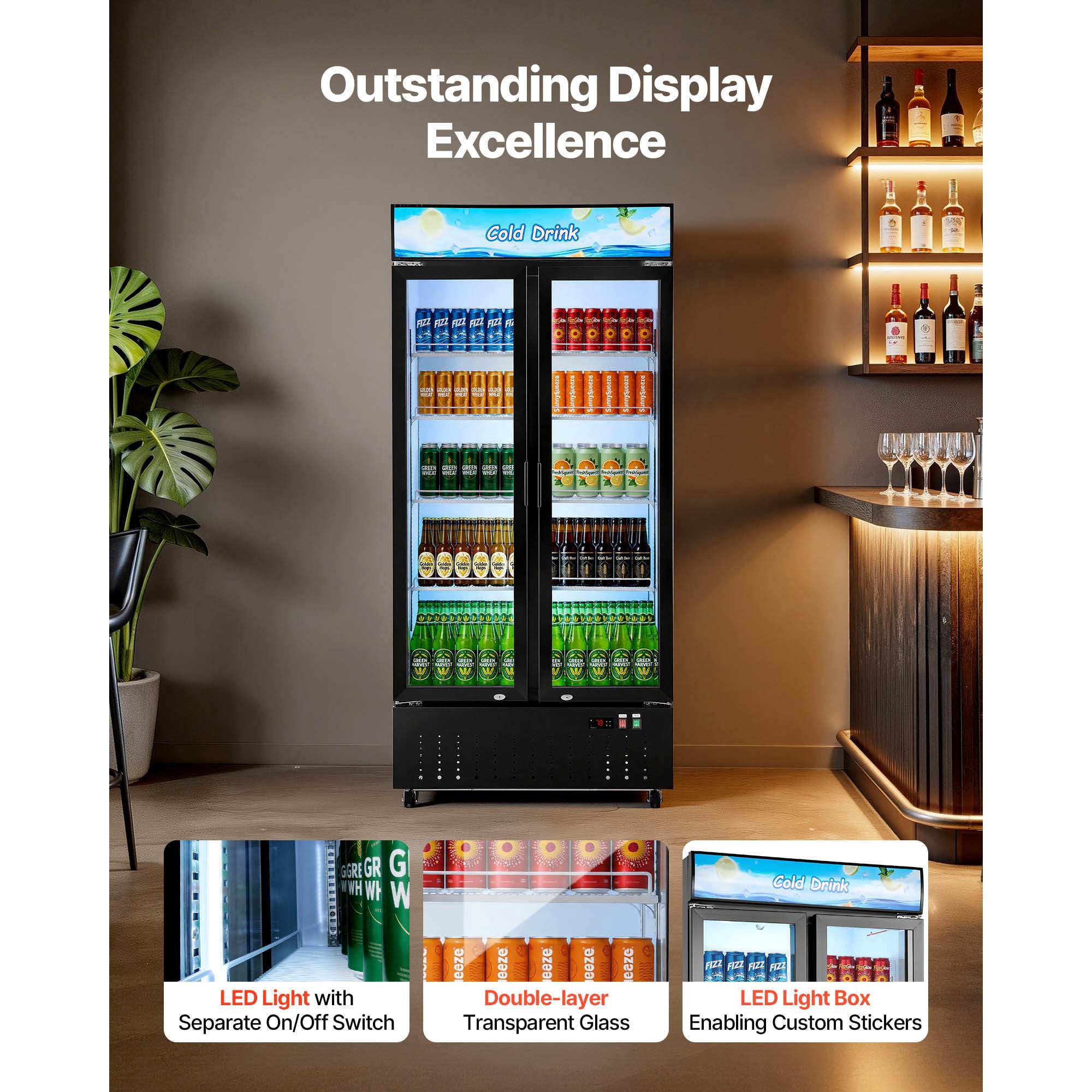 KFFKFF Commercial Merchandiser Refrigerator, 20.8 Cu.Ft / 590L Beverage Display Cooler, Double Glass Door with Customizable Lightbox, 8 Adjustable Shelves, LED Lighting & Casters