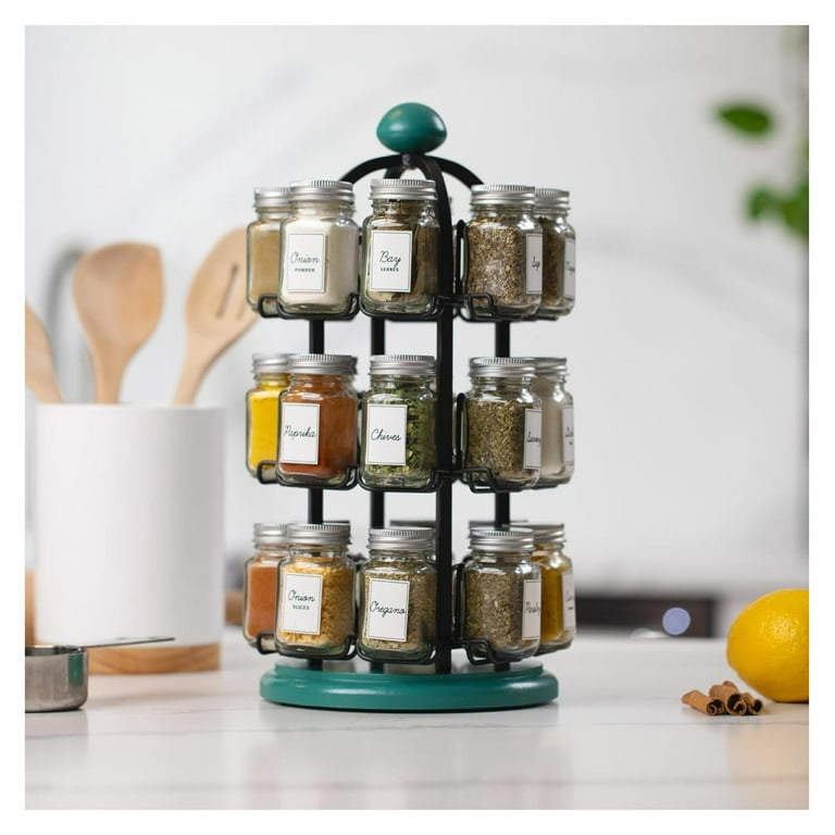 Drevy Adrinova 24 Jar Revolving Spice Rack with Spices Included Spice Organizer for Kitchen Countertop Spice Refills for 5 Years Black Green