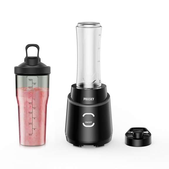 PRASKY Smoothies Blender, Blender for Kitchen with 2 To-go Cups (1x20oz,1x24oz), 6-Leaf Stainless Blade Personal Blender for Frozen Fruits & Ice (Black)