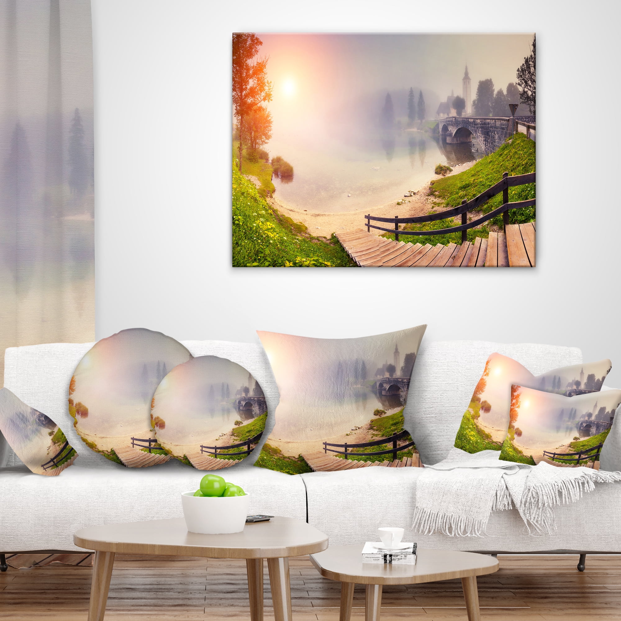 Designart Majestic Foggy Morning in Lake - Landscape Printed Throw Pillow - 16x16